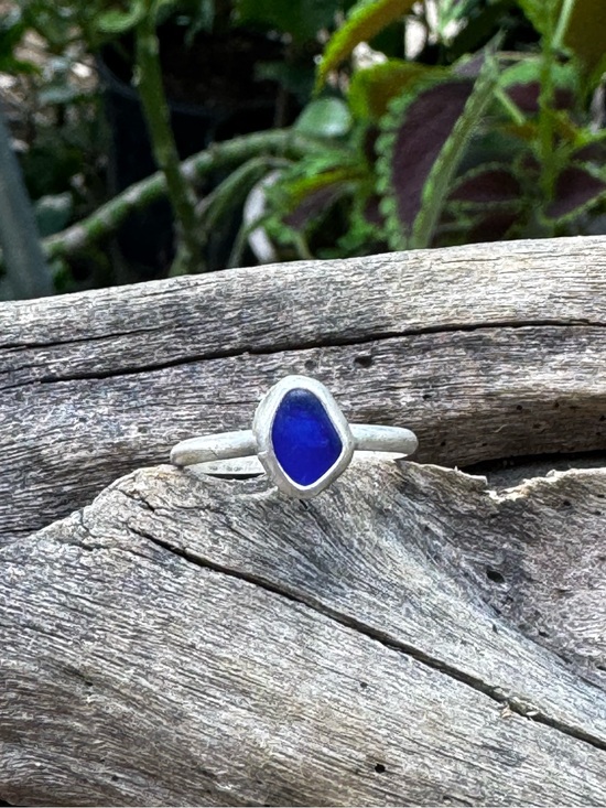 Hand Crafted Jewelry - Cobalt blue sea glass Sea tumbled sea glass sterling & fine silver ring
